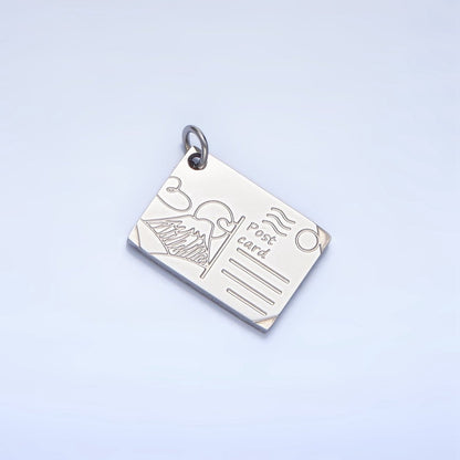 Stainless Steel 18mm Mount Fuji Japan Engraved Post Card Charm in Gold &amp; Silver | P1248