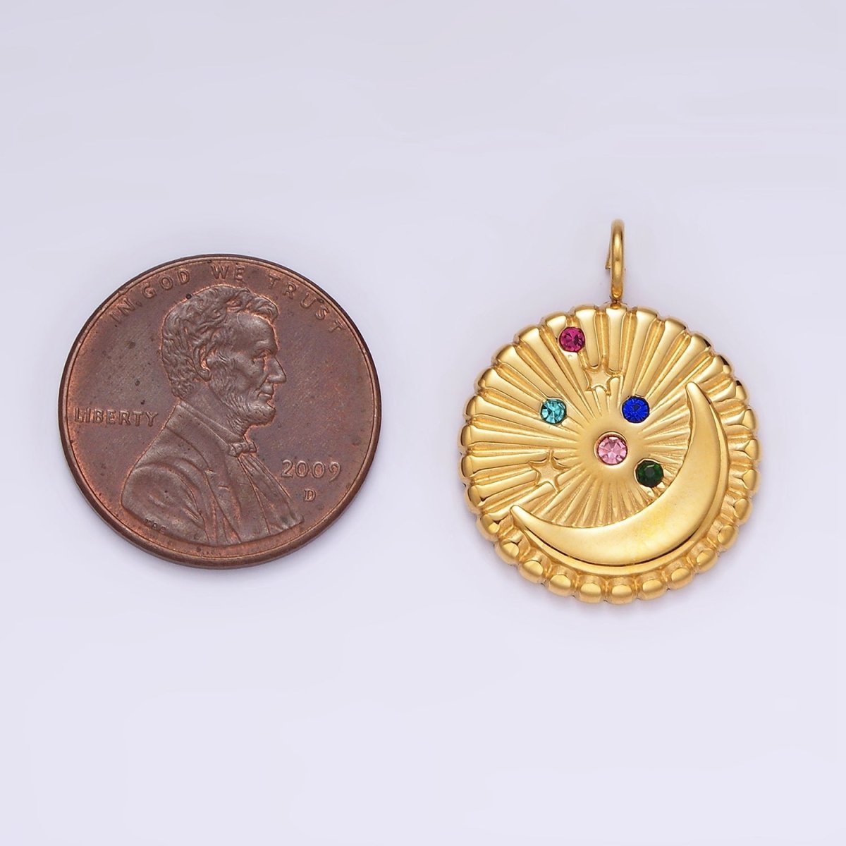 Stainless Steel Multicolor CZ Celestial Crescent Moon Star Sunburst Round Charm in Gold &amp; Silver | P1280