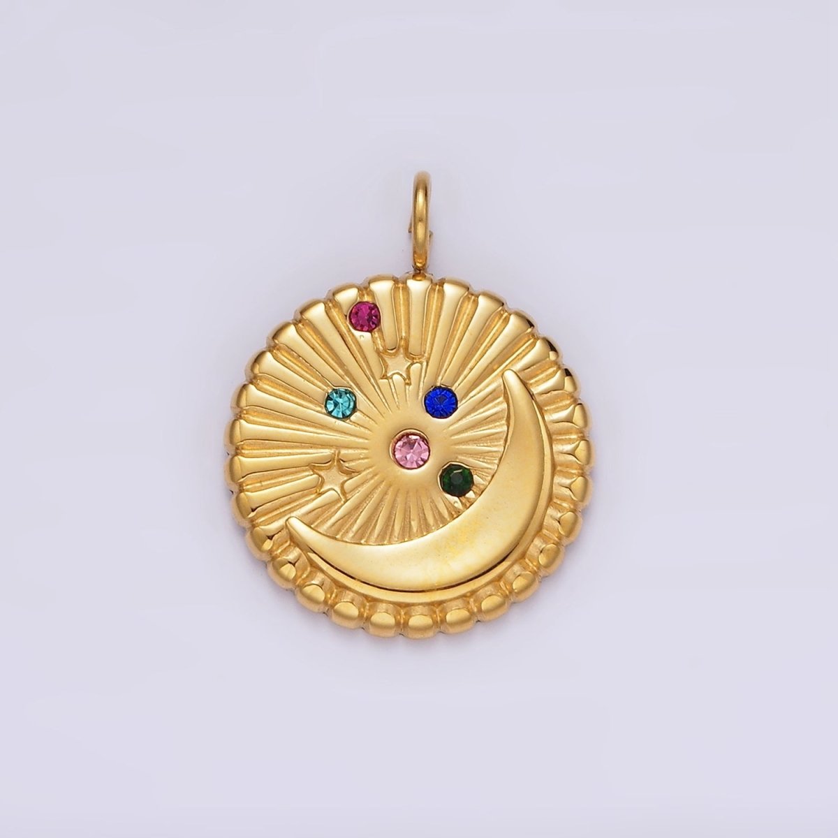 Stainless Steel Multicolor CZ Celestial Crescent Moon Star Sunburst Round Charm in Gold &amp; Silver | P1280