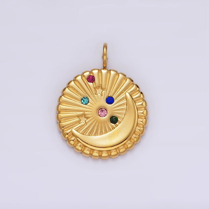 Stainless Steel Multicolor CZ Celestial Crescent Moon Star Sunburst Round Charm in Gold &amp; Silver | P1280