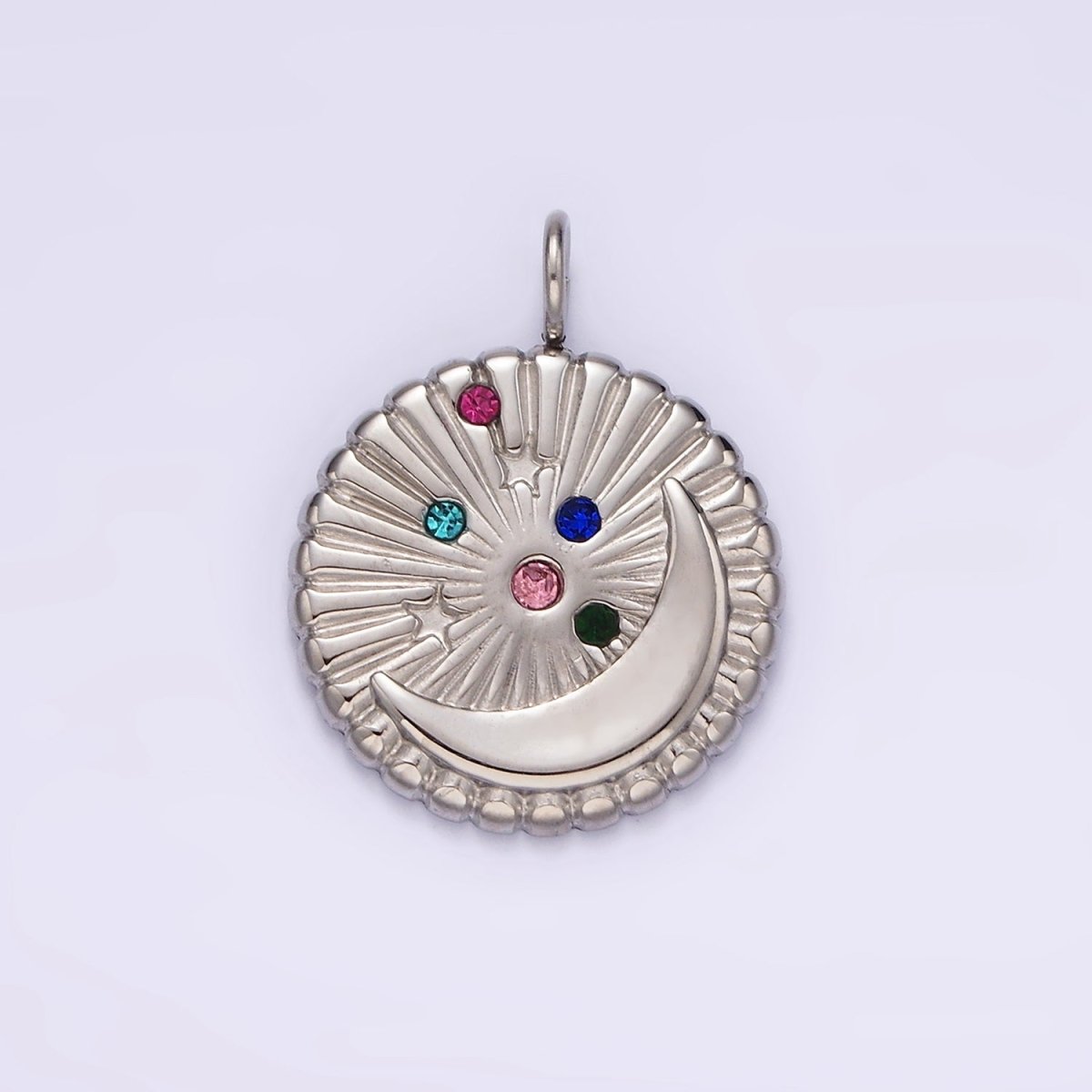 Stainless Steel Multicolor CZ Celestial Crescent Moon Star Sunburst Round Charm in Gold &amp; Silver | P1280