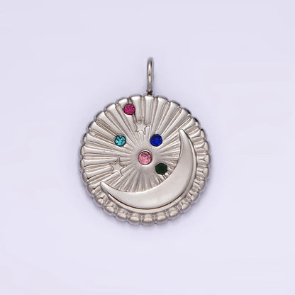 Stainless Steel Multicolor CZ Celestial Crescent Moon Star Sunburst Round Charm in Gold &amp; Silver | P1280