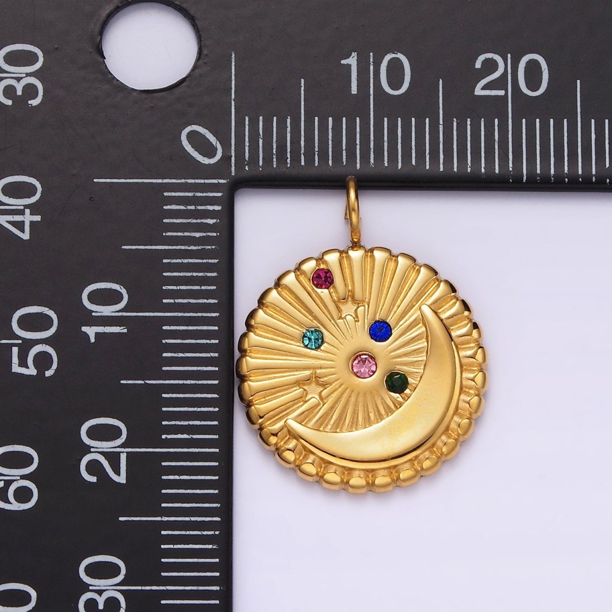 Stainless Steel Multicolor CZ Celestial Crescent Moon Star Sunburst Round Charm in Gold &amp; Silver | P1280