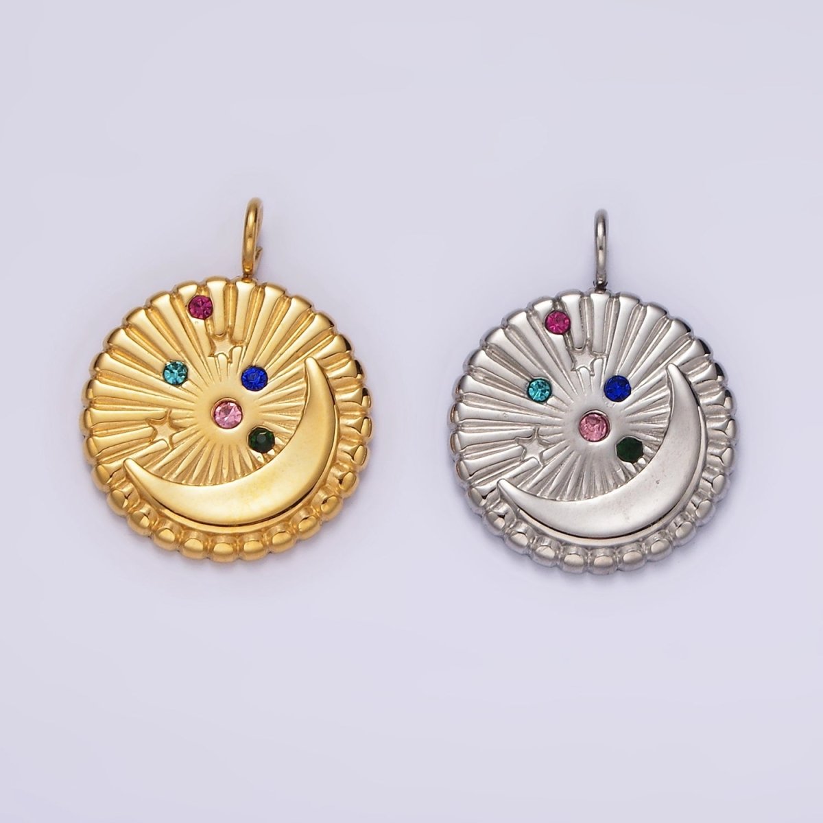 Stainless Steel Multicolor CZ Celestial Crescent Moon Star Sunburst Round Charm in Gold &amp; Silver | P1280