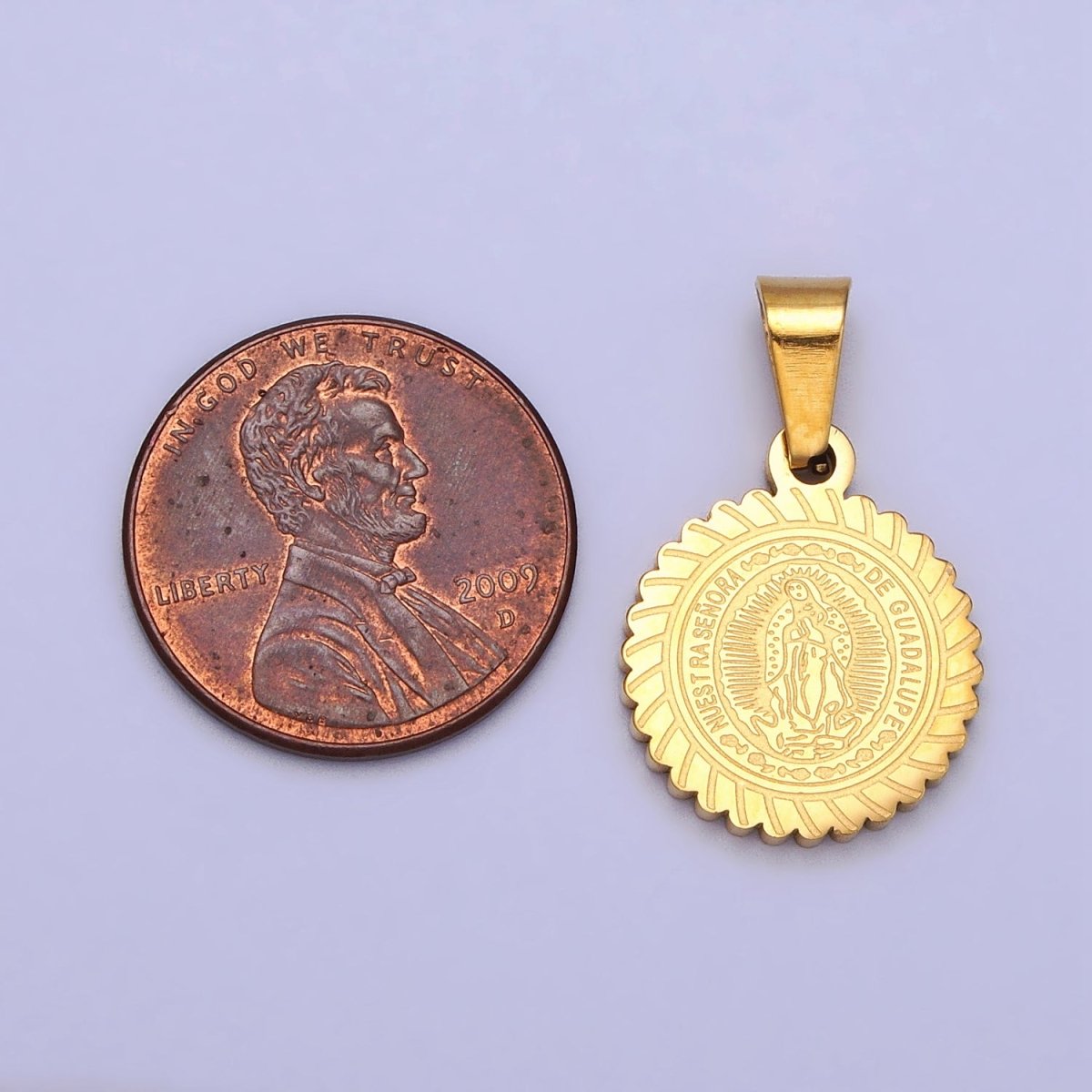 Stainless Steel Nuestra Señora De Guadalupe Engraved Round Pendant in Gold &amp; Silver J-642 J-648