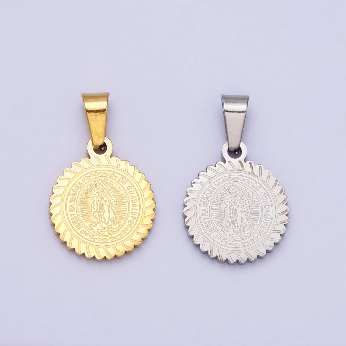 Stainless Steel Nuestra Señora De Guadalupe Engraved Round Pendant in Gold &amp; Silver J-642 J-648