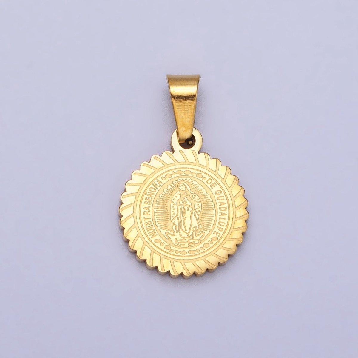 Stainless Steel Nuestra Señora De Guadalupe Engraved Round Pendant in Gold &amp; Silver J-642 J-648