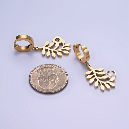 Stainless Steel Olive Leaf Nature Heart CZ Drop Huggie Earrings Set | AE466