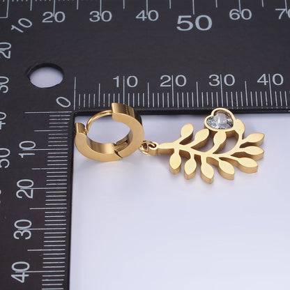 Stainless Steel Olive Leaf Nature Heart CZ Drop Huggie Earrings Set | AE466