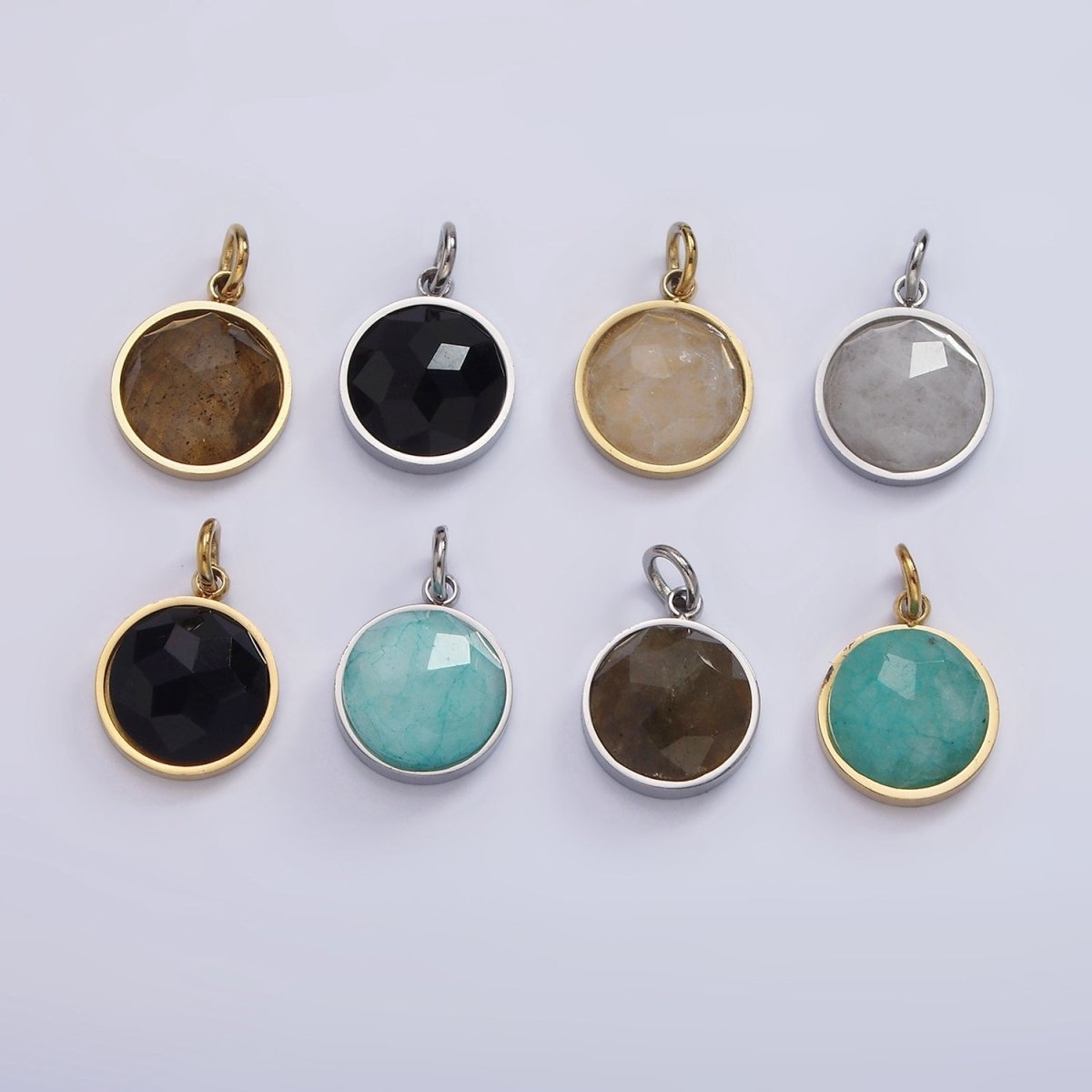 Stainless Steel Onyx, Tiger Eye, Amazonite, Clear Quartz Multifaceted Round Charm in Gold &amp; Silver | P1333 - P1336