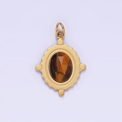 Stainless Steel Onyx, Tiger Eye, Moonstone Multifaceted Dotted Oval Charm  | P619 P620