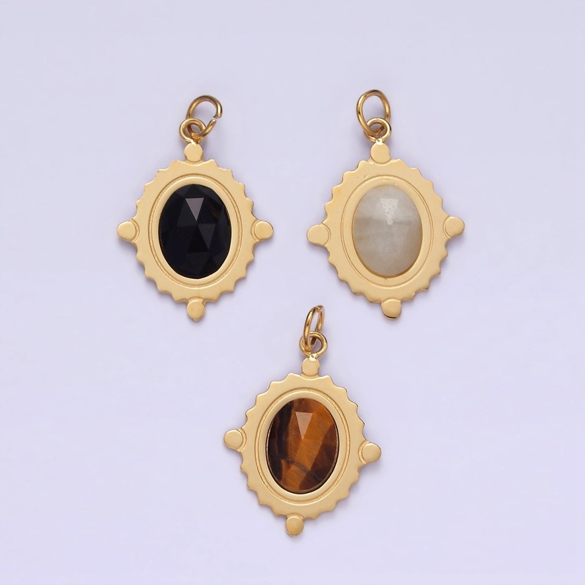 Stainless Steel Onyx, Tiger Eye, Moonstone Multifaceted Dotted Oval Charm  | P619 P620