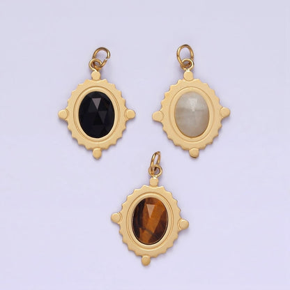 Stainless Steel Onyx, Tiger Eye, Moonstone Multifaceted Dotted Oval Charm  | P619 P620