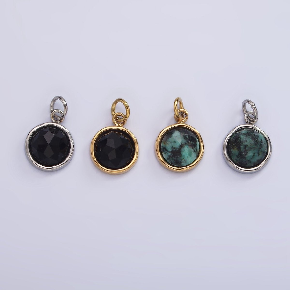 Stainless Steel Onyx, Zoisite Multifaceted Glossed Gem Bezel Round Charm in Gold &amp; Silver | P1316-P1317