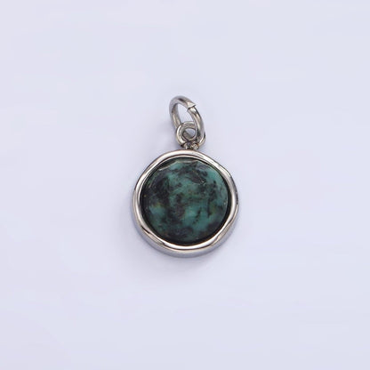 Stainless Steel Onyx, Zoisite Multifaceted Glossed Gem Bezel Round Charm in Gold &amp; Silver | P1316-P1317