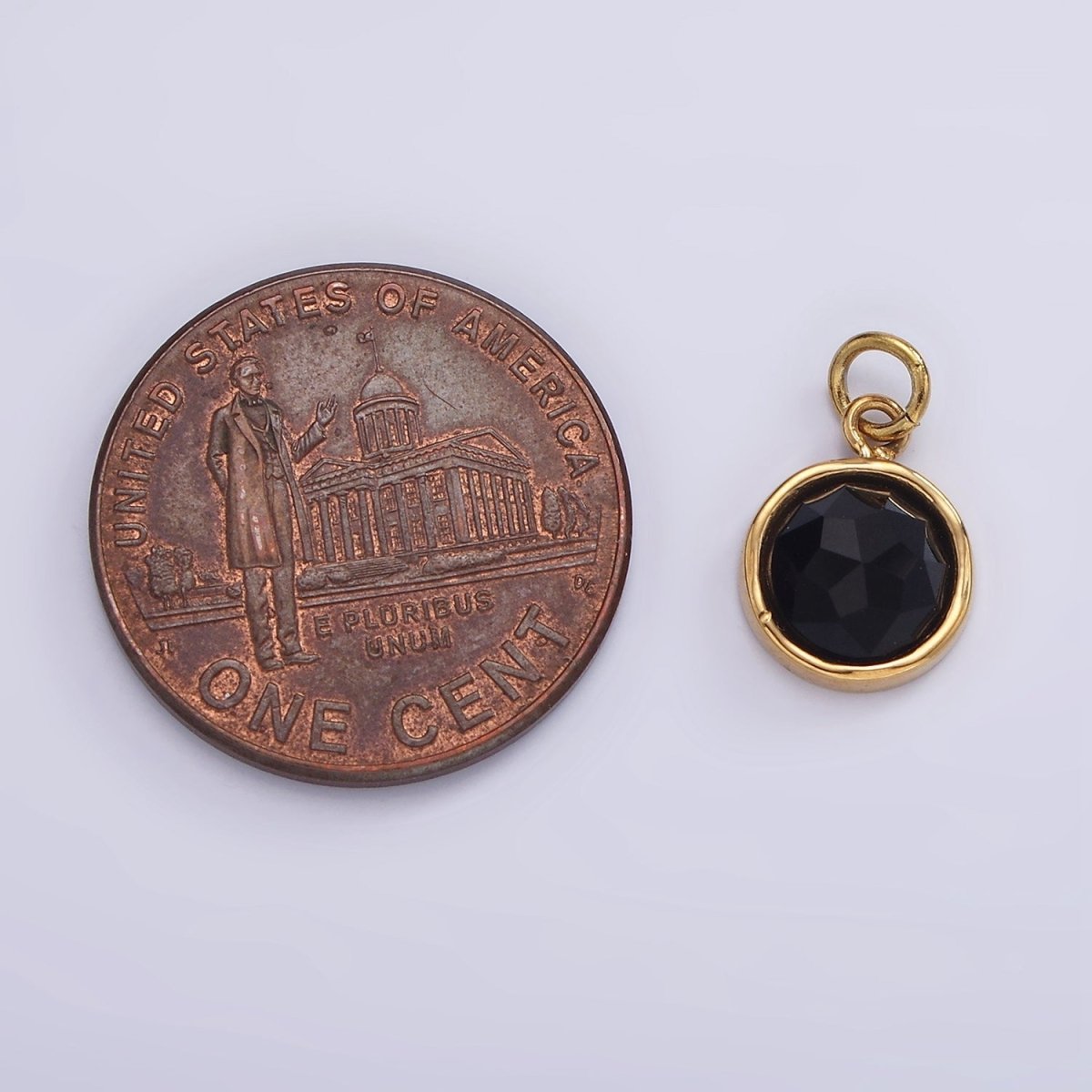Stainless Steel Onyx, Zoisite Multifaceted Glossed Gem Bezel Round Charm in Gold &amp; Silver | P1316-P1317