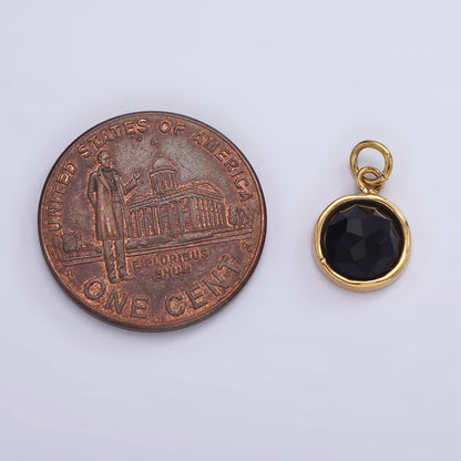 Stainless Steel Onyx, Zoisite Multifaceted Glossed Gem Bezel Round Charm in Gold &amp; Silver | P1316-P1317