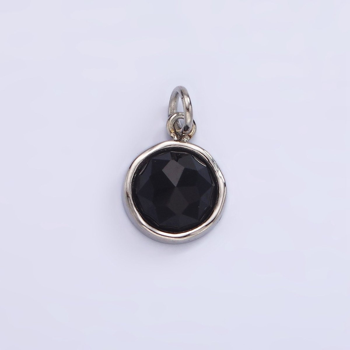 Stainless Steel Onyx, Zoisite Multifaceted Glossed Gem Bezel Round Charm in Gold &amp; Silver | P1316-P1317