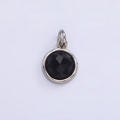 Stainless Steel Onyx, Zoisite Multifaceted Glossed Gem Bezel Round Charm in Gold &amp; Silver | P1316-P1317
