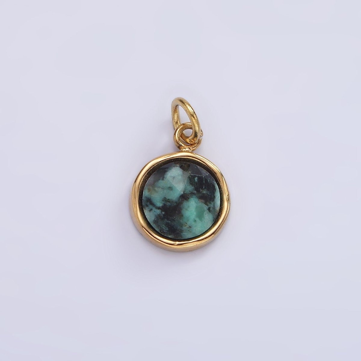 Stainless Steel Onyx, Zoisite Multifaceted Glossed Gem Bezel Round Charm in Gold &amp; Silver | P1316-P1317