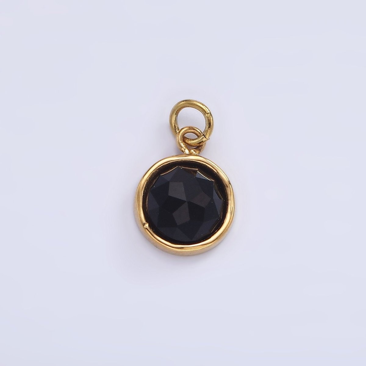 Stainless Steel Onyx, Zoisite Multifaceted Glossed Gem Bezel Round Charm in Gold &amp; Silver | P1316-P1317