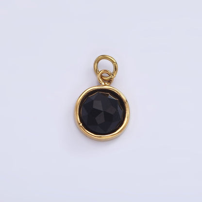 Stainless Steel Onyx, Zoisite Multifaceted Glossed Gem Bezel Round Charm in Gold &amp; Silver | P1316-P1317