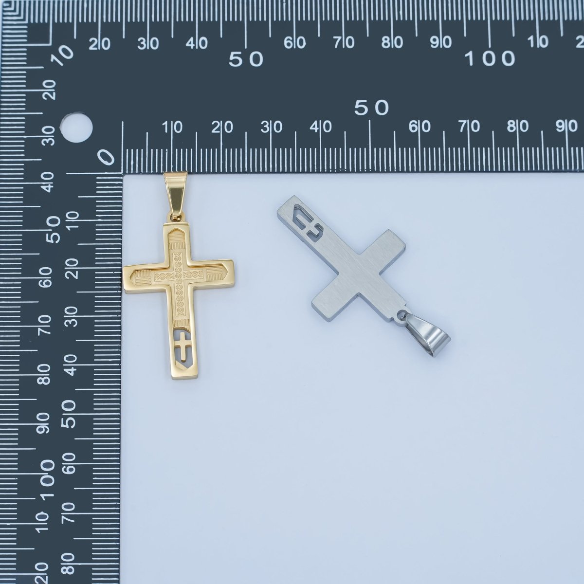 Stainless Steel Open Geometric Engraved Cross Pendant in Gold &amp; Silver | P761