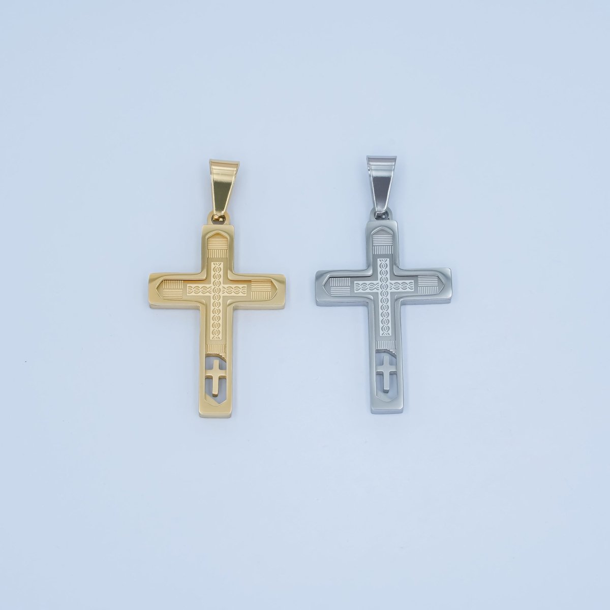 Stainless Steel Open Geometric Engraved Cross Pendant in Gold &amp; Silver | P761