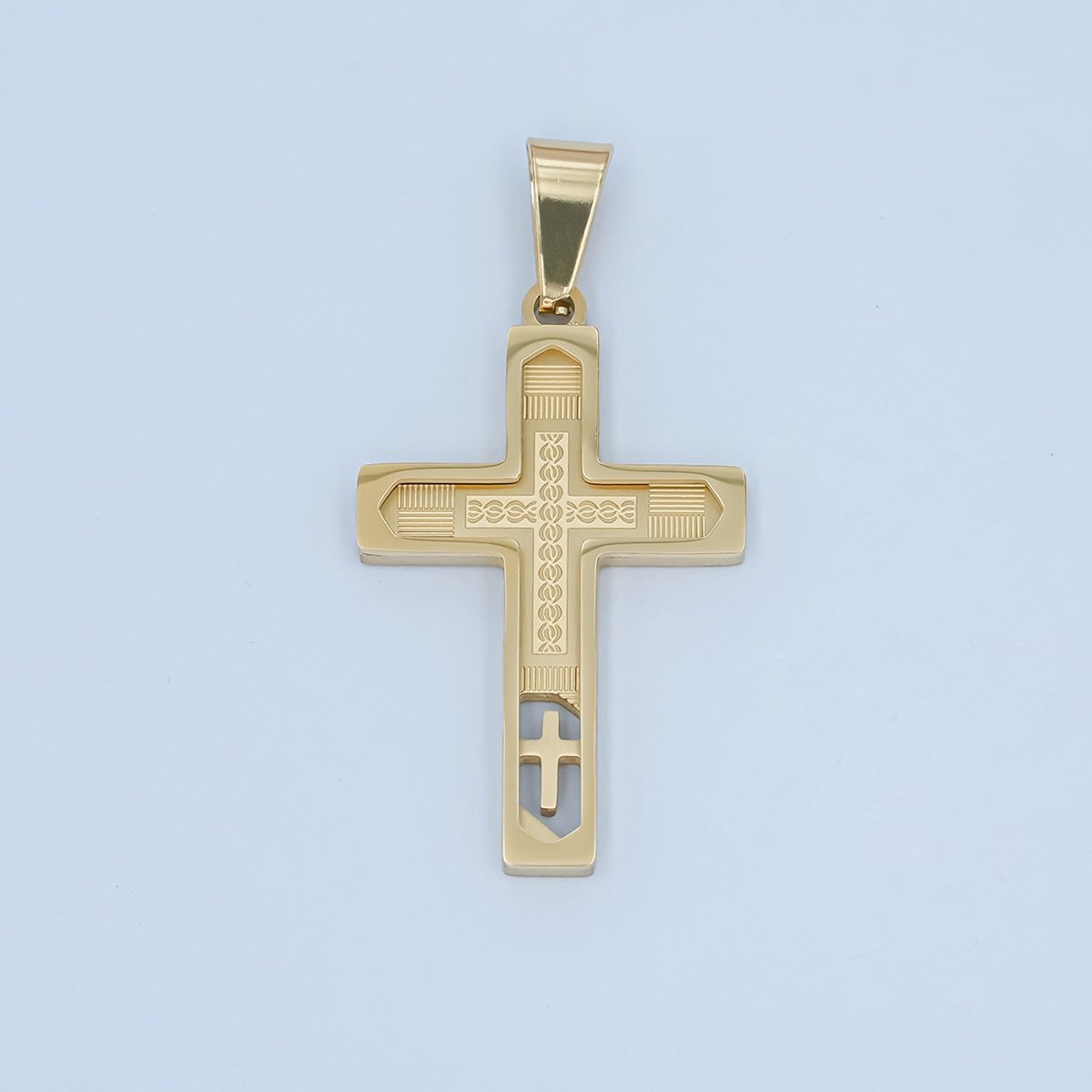 Stainless Steel Open Geometric Engraved Cross Pendant in Gold &amp; Silver | P761