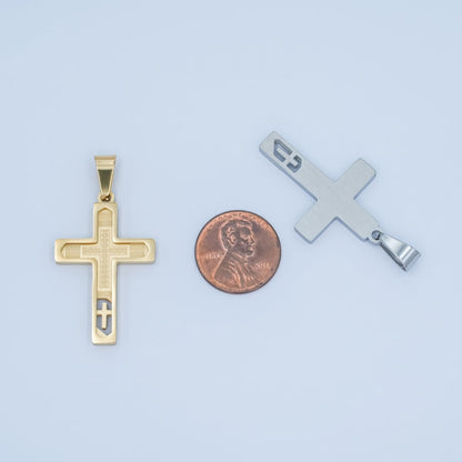 Stainless Steel Open Geometric Engraved Cross Pendant in Gold &amp; Silver | P761