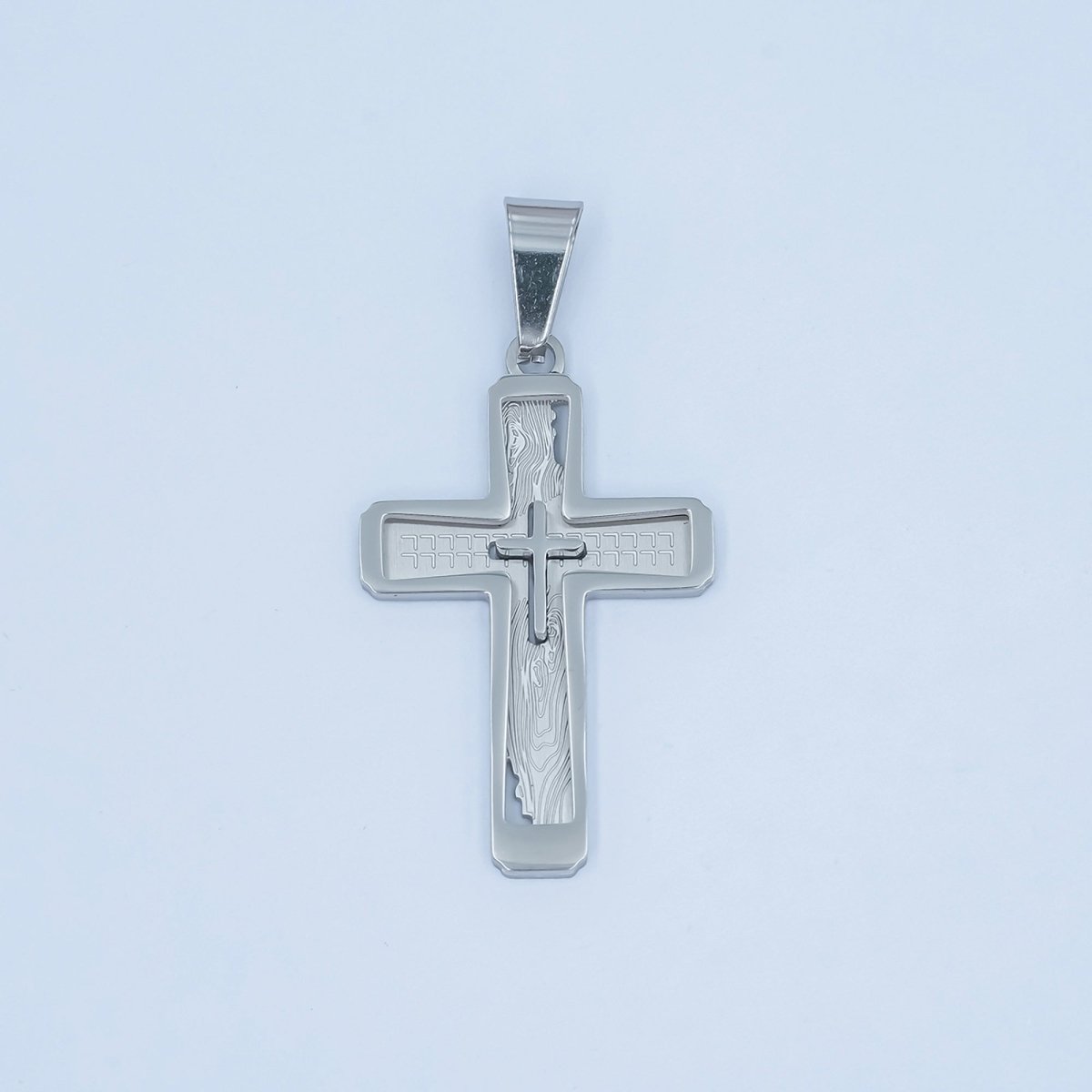 Stainless Steel Open Geometric Engraved Double Cross Pendant in Gold &amp; Silver | P858