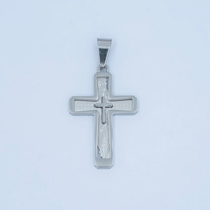 Stainless Steel Open Geometric Engraved Double Cross Pendant in Gold &amp; Silver | P858