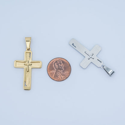 Stainless Steel Open Geometric Engraved Double Cross Pendant in Gold &amp; Silver | P858