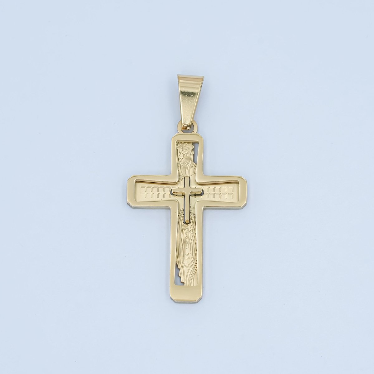 Stainless Steel Open Geometric Engraved Double Cross Pendant in Gold &amp; Silver | P858