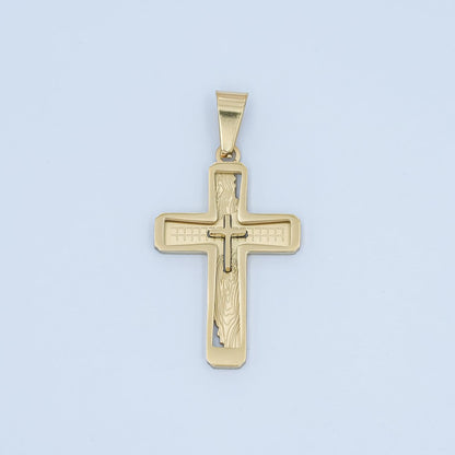 Stainless Steel Open Geometric Engraved Double Cross Pendant in Gold &amp; Silver | P858