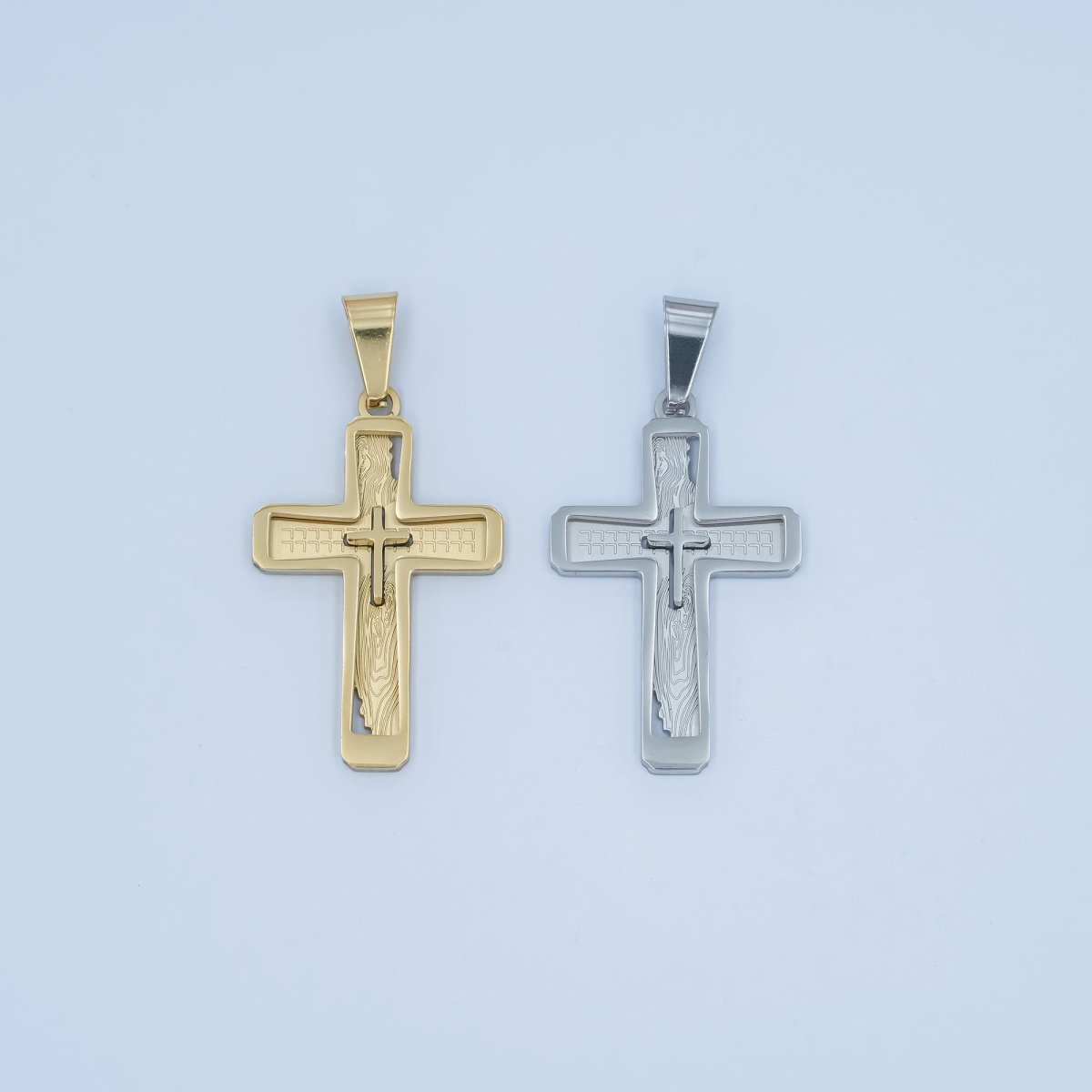 Stainless Steel Open Geometric Engraved Double Cross Pendant in Gold &amp; Silver | P858