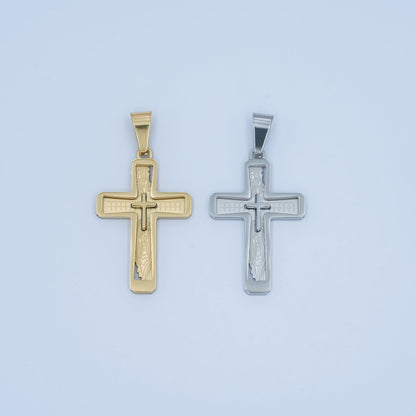 Stainless Steel Open Geometric Engraved Double Cross Pendant in Gold &amp; Silver | P858