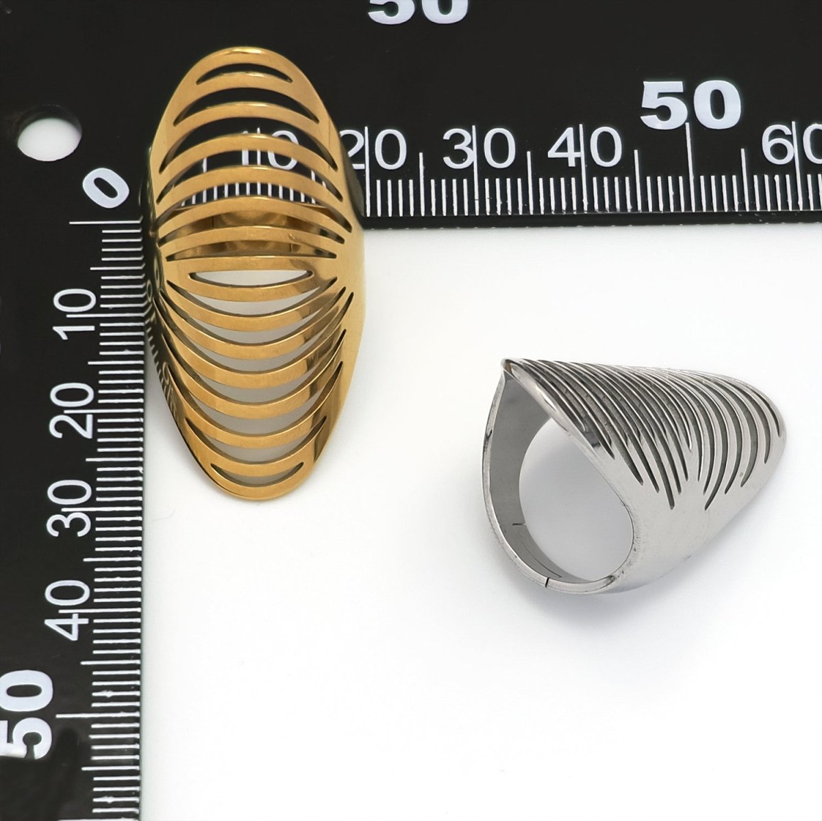 Stainless Steel Open Geometric Ribbed Ring in Gold &amp; Silver | RINGS-00206 RINGS-00207
