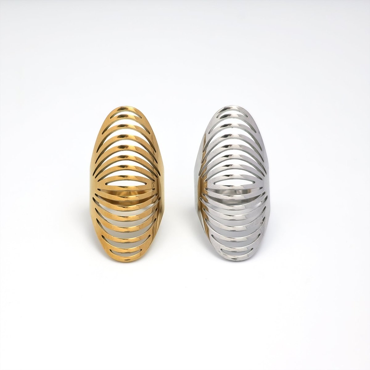 Stainless Steel Open Geometric Ribbed Ring in Gold &amp; Silver | RINGS-00206 RINGS-00207