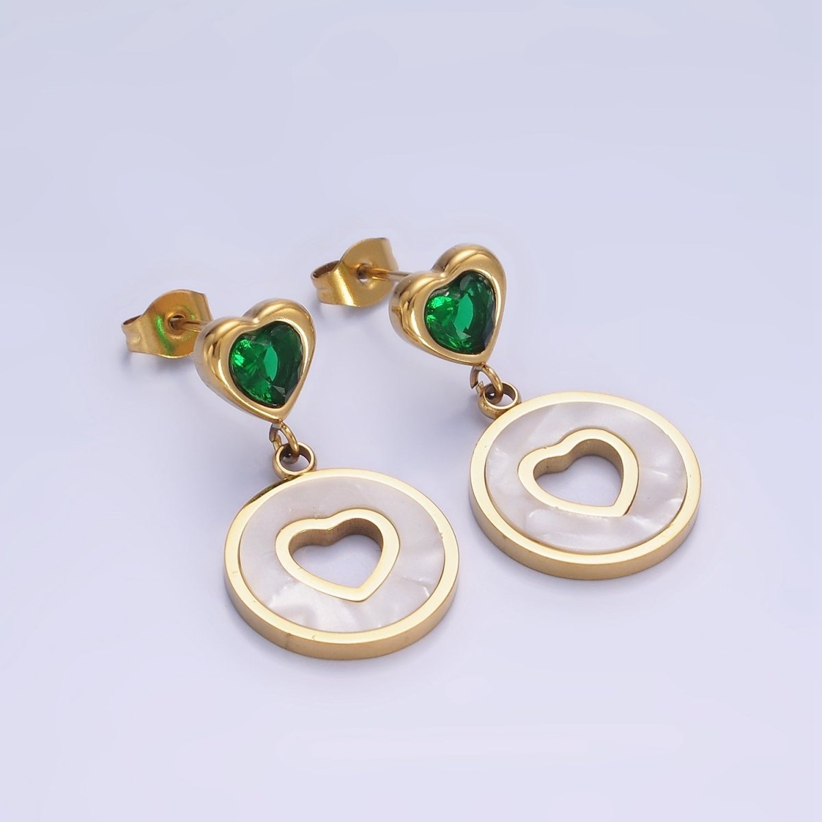 Stainless Steel Open Shell Pearl Heart Pink, Green CZ Drop Stud Earrings | AE473 AE474