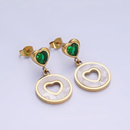 Stainless Steel Open Shell Pearl Heart Pink, Green CZ Drop Stud Earrings | AE473 AE474