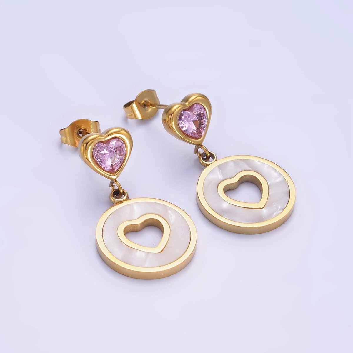 Stainless Steel Open Shell Pearl Heart Pink, Green CZ Drop Stud Earrings | AE473 AE474