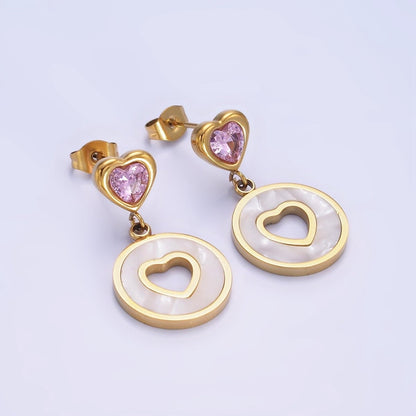 Stainless Steel Open Shell Pearl Heart Pink, Green CZ Drop Stud Earrings | AE473 AE474