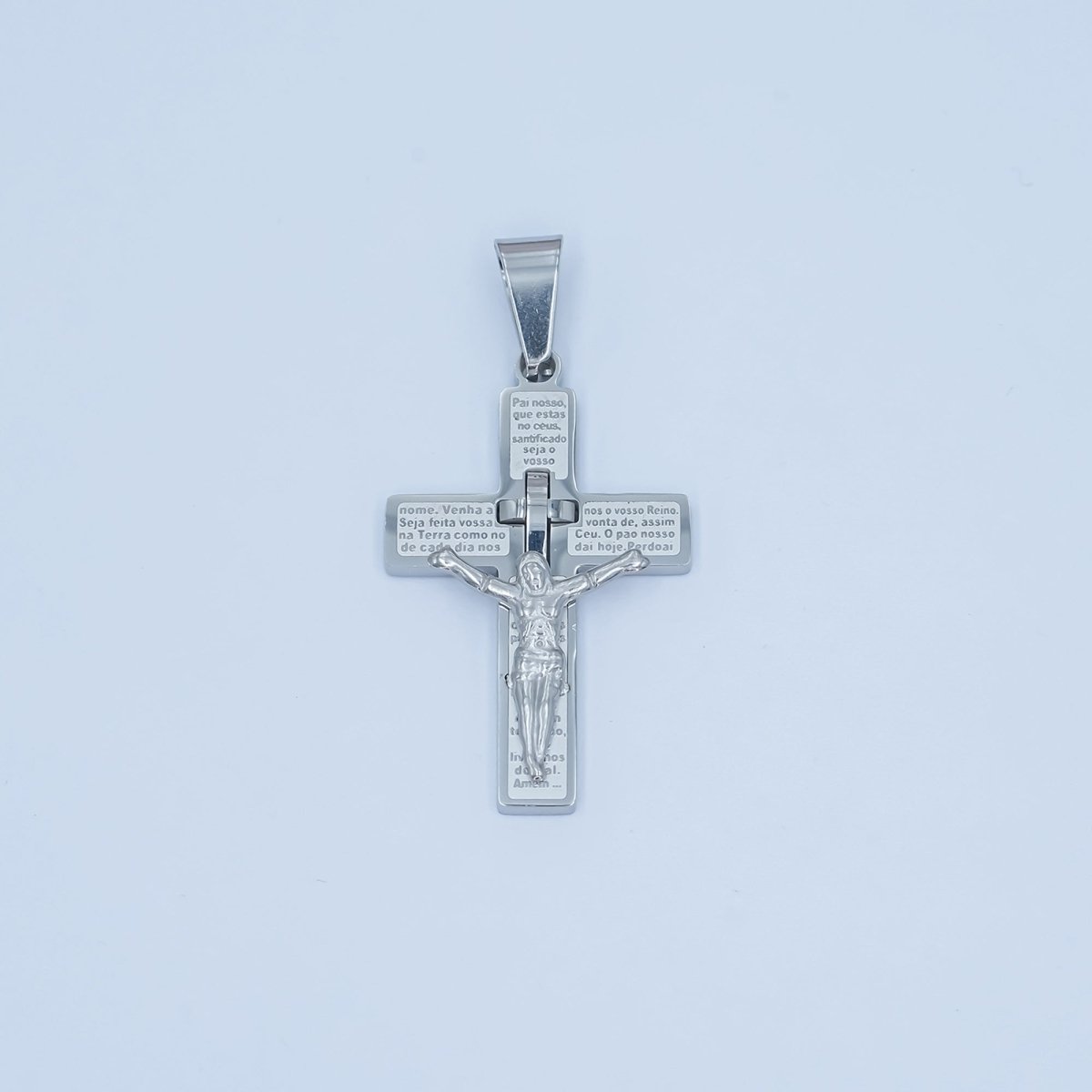 Stainless Steel 35mm "Padre Nuestro" Script Crucifix Cross Pendant in Gold &amp; Silver | P1071