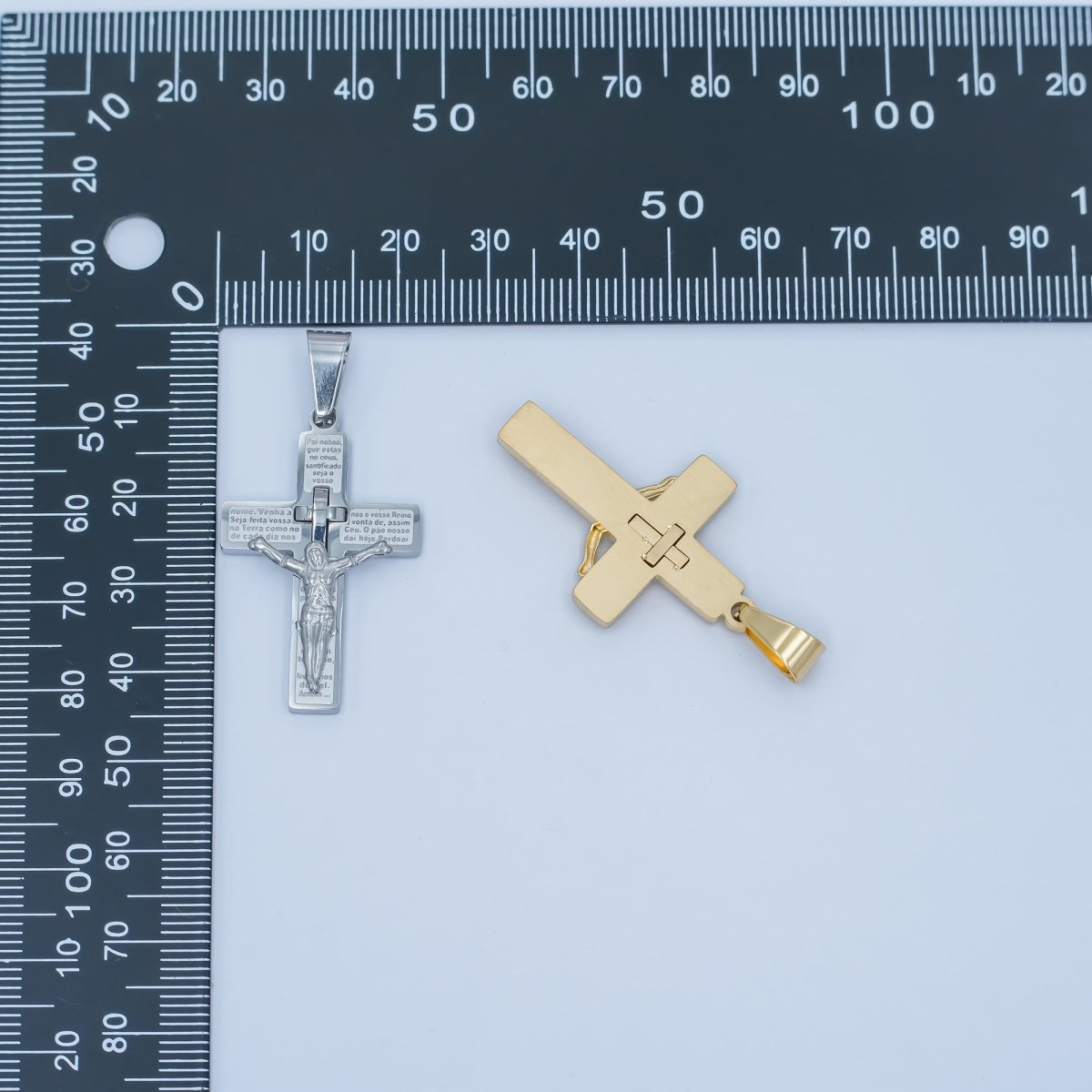 Stainless Steel 35mm "Padre Nuestro" Script Crucifix Cross Pendant in Gold &amp; Silver | P1071