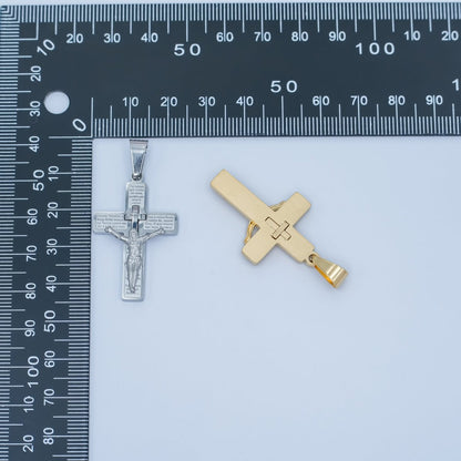 Stainless Steel 35mm "Padre Nuestro" Script Crucifix Cross Pendant in Gold &amp; Silver | P1071