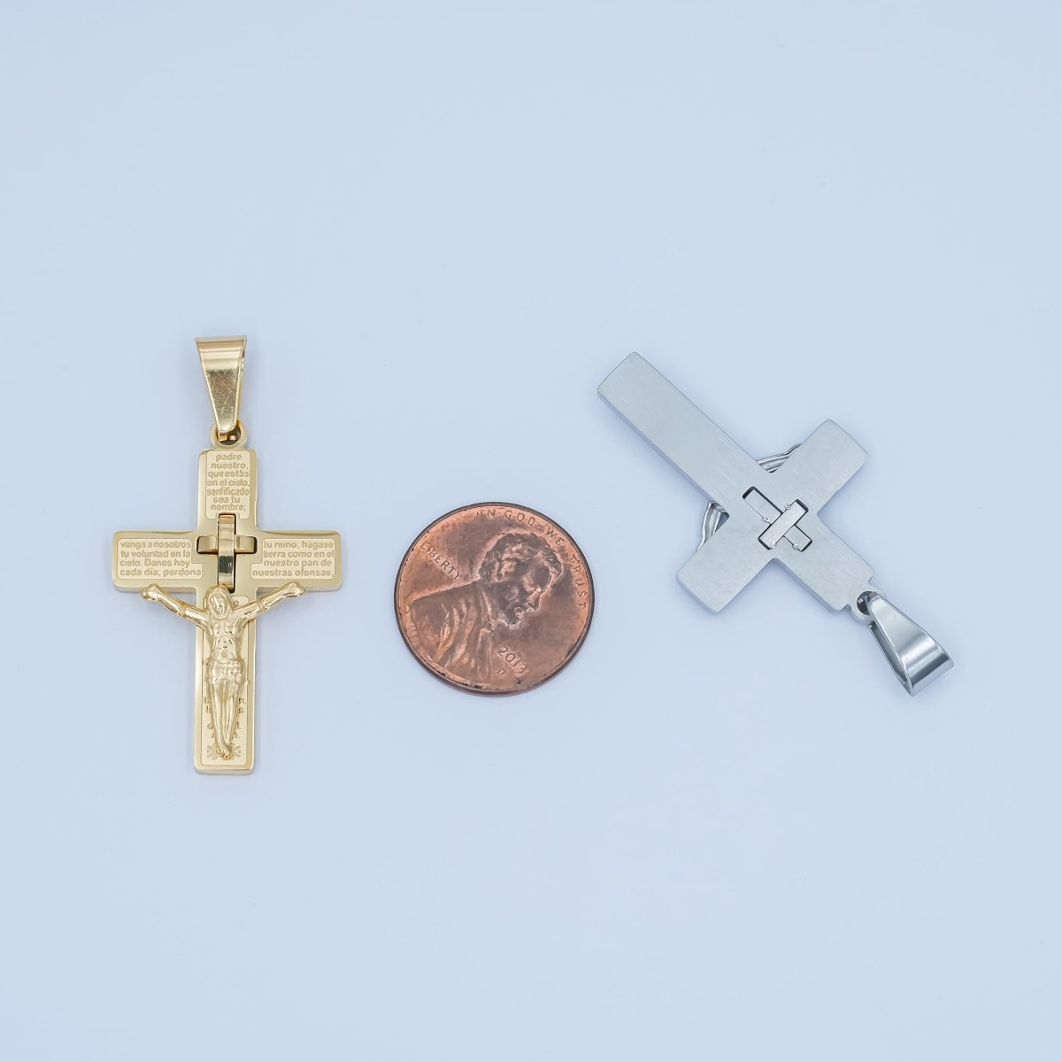 Stainless Steel 35mm "Padre Nuestro" Script Crucifix Cross Pendant in Gold &amp; Silver | P1071