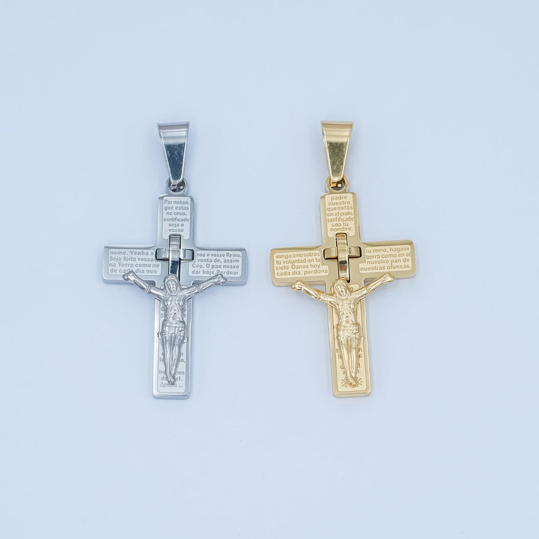 Stainless Steel 35mm "Padre Nuestro" Script Crucifix Cross Pendant in Gold &amp; Silver | P1071