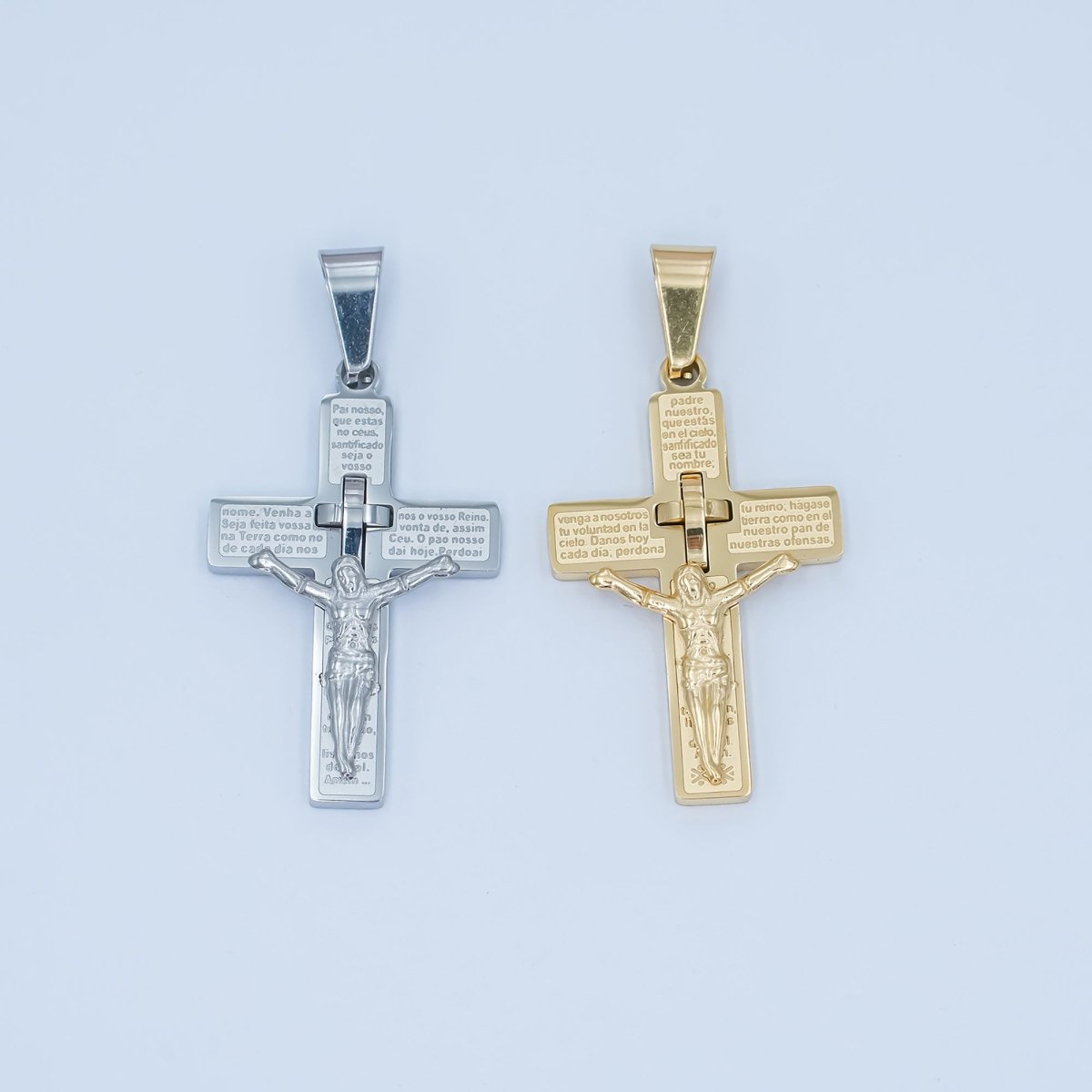 Stainless Steel 35mm "Padre Nuestro" Script Crucifix Cross Pendant in Gold &amp; Silver | P1071