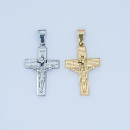 Stainless Steel 35mm "Padre Nuestro" Script Crucifix Cross Pendant in Gold &amp; Silver | P1071